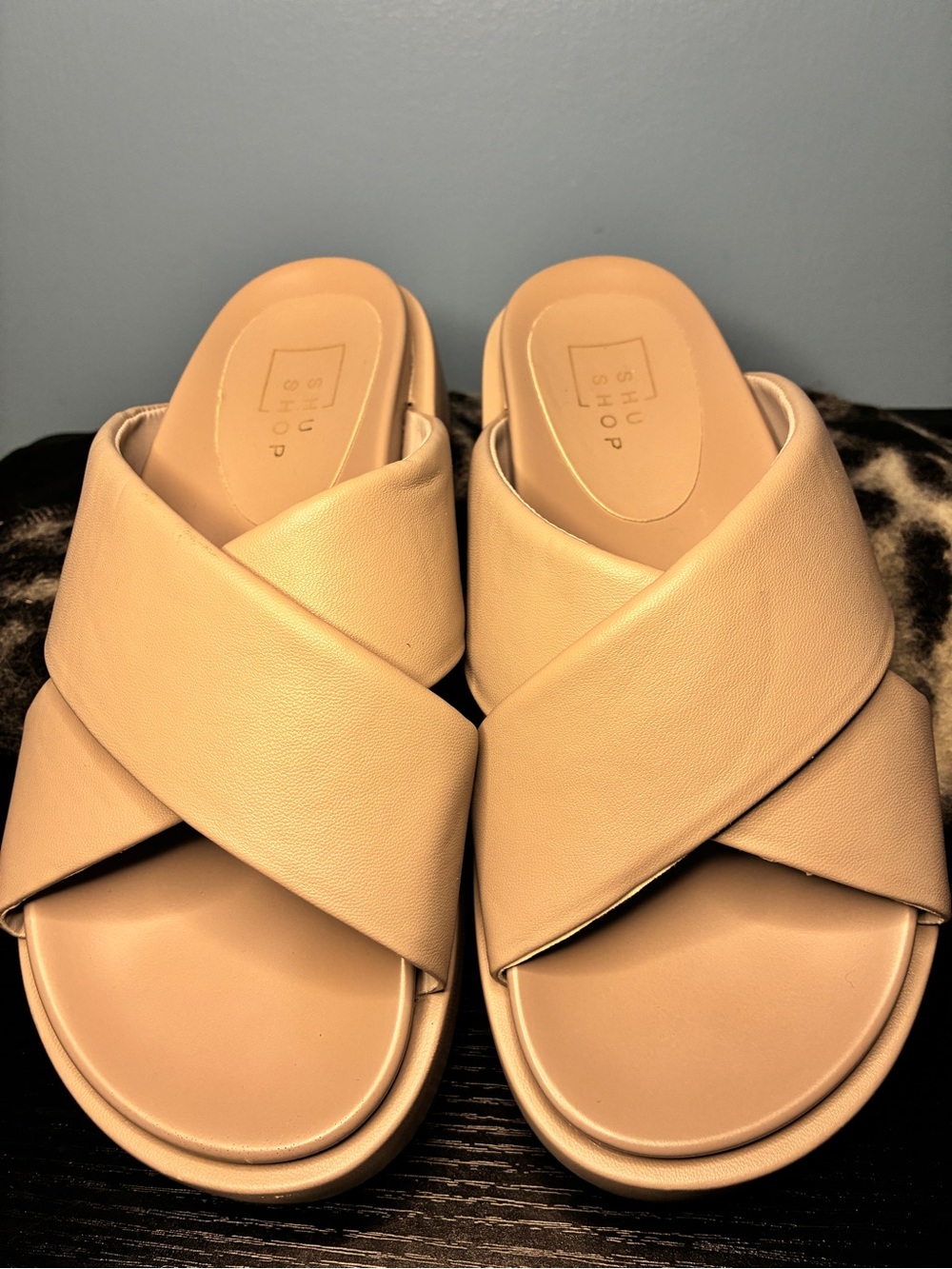 ShuShop Crisscross Slide Mules in Beige